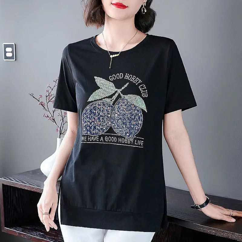 Fashion O-Neck Short Sleeve Sequined Diamonds Letter T-Shirts Women's Clothing 2024 Summer Loose Casual Tops Commuter Tee Shirt