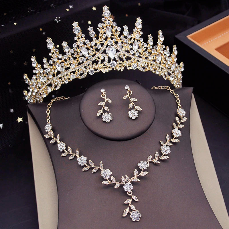 3 pcs Pink Bridal Jewelry Sets for Women Crown Flower Choker Necklace Earring Wedding Tiara Bride Costume Accessories
