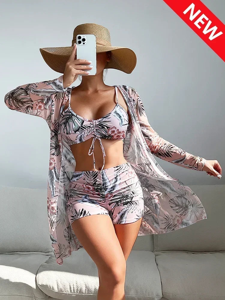 Tropical Allover Print Bikini 3pack Drawstring Ruched Cover Up Women Swimsuit 2023 Long Sleeve Swimwear Beach Wear Bathing Suit