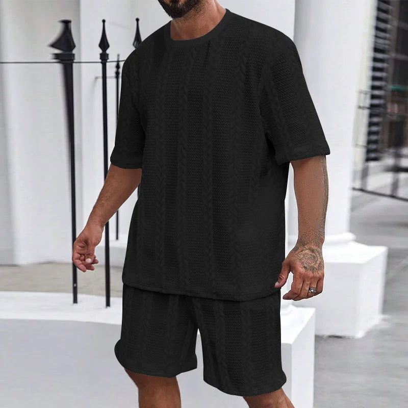 Fashion Summer Men‘s Casual 2-piece Set Streetwear Short Sleeve T Shirt + Shorts Harajuku Sportswear Knitted Tracksuit Clothing