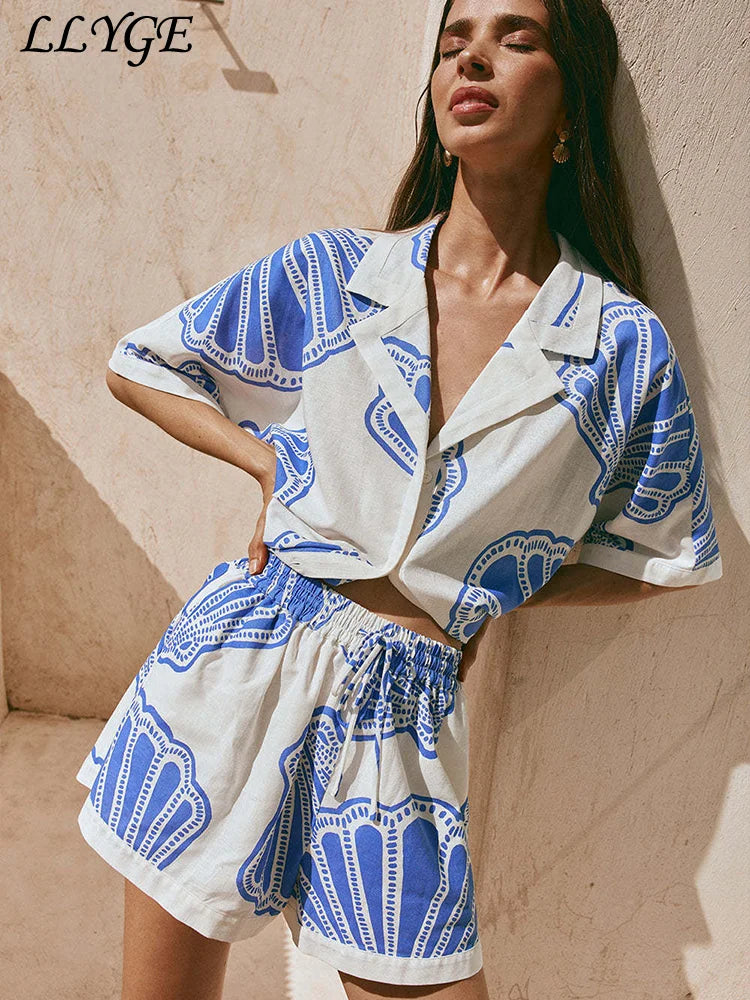 Casual Printed Lace Up Women Shorts Suits Turn-down Collar Single Breasted Shirt Mini Shorts 2025 Summer New Fashion Lady Sets