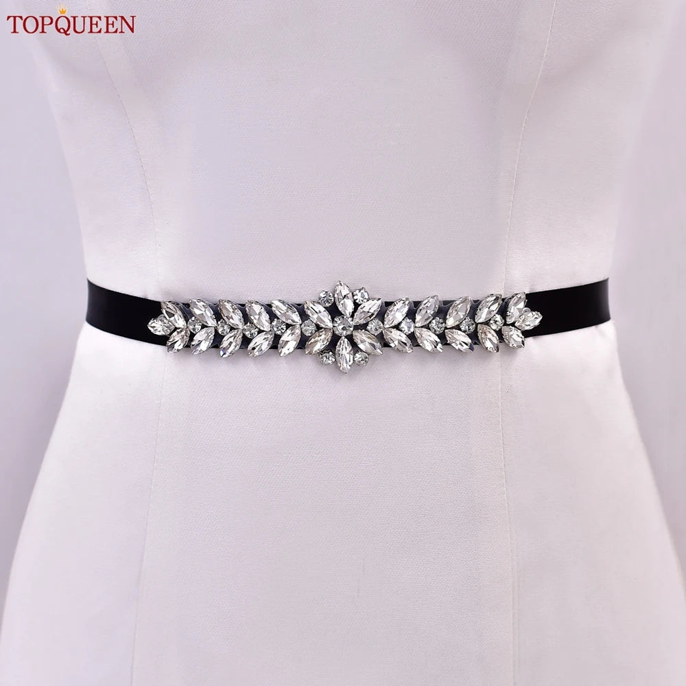 TOPQUEEN Wedding Dress Belt Sash Banquet Party Accessories Bridal Belt Silver Rhinestone Handmade Applique S69