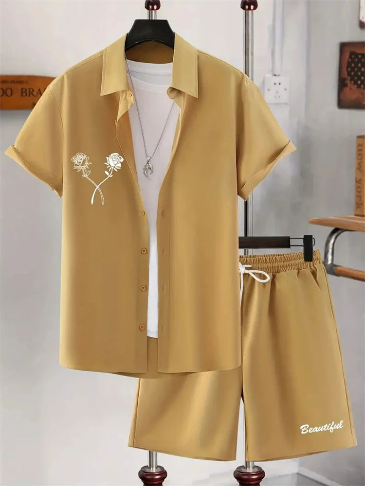 Men's Fashion Breathability Suit Hawaii Beach Holiday Suit Fallow Men's Shirt Short Sleeve Shorts 2 Piece Set