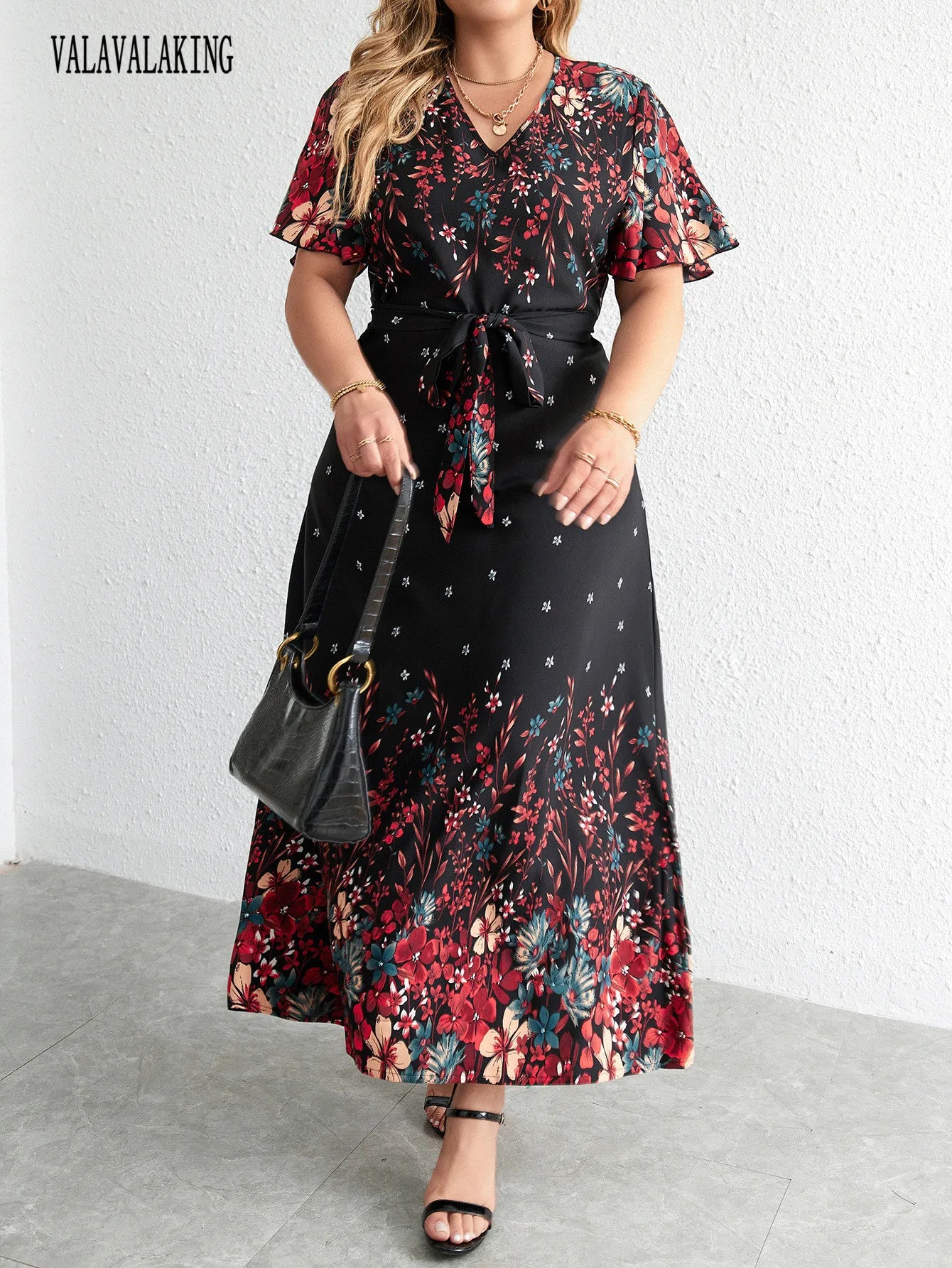 2025 Casual V-Neck Floral Print Plus Size Dress Women Ruffle Short Sleeve Large Midi Dress Lady Chubby Curvy Lace-Up Long Dress