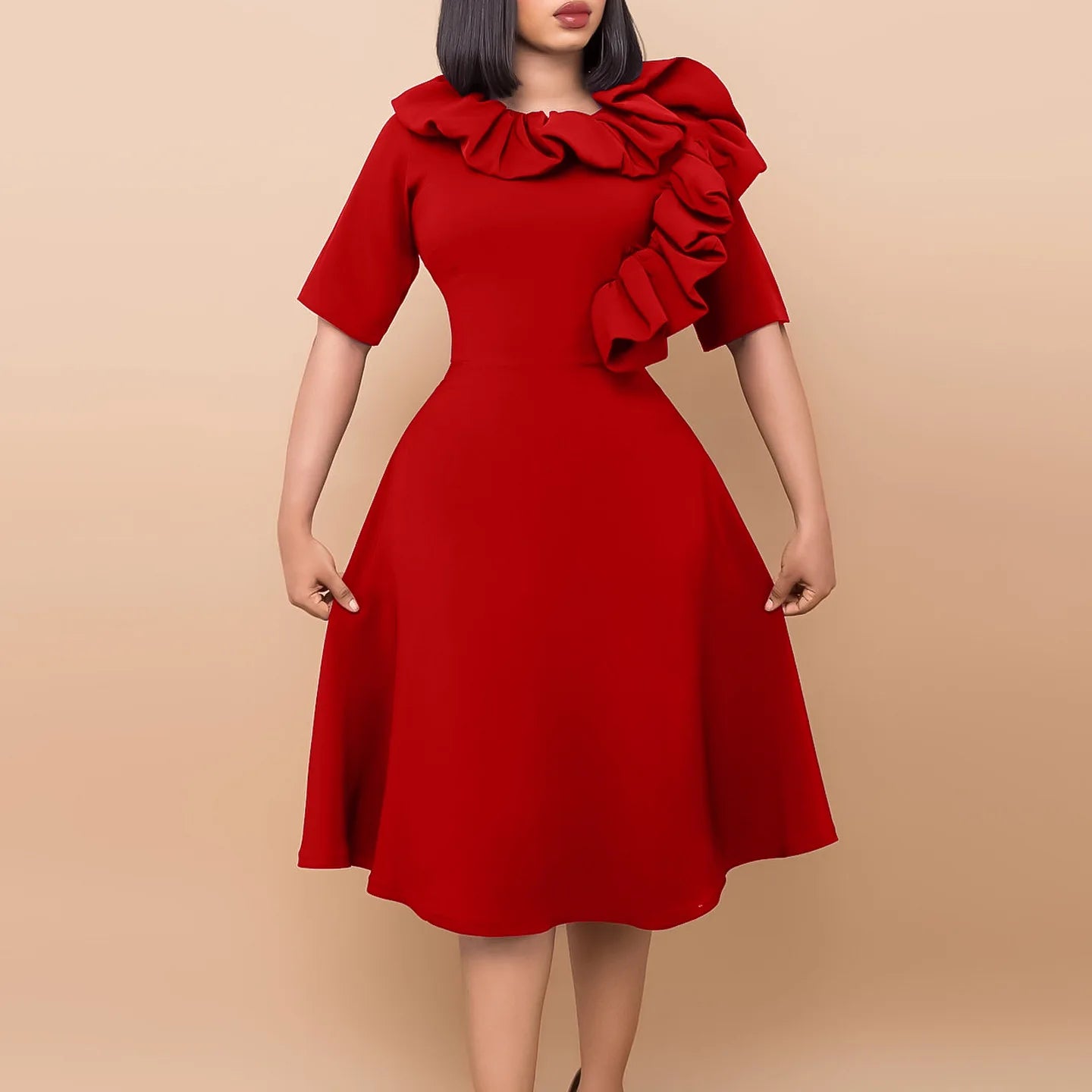 FairyShely 2024 Solid Ruffle Plus Size Long Dress Women Short Sleeve Large Big Dresses Summer Lady Party Tight Curvy Dress