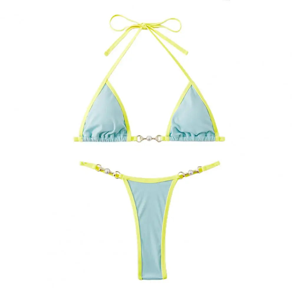 Women Bikini Set Contrast Color Halter Neck Three-point Pearl Deep V Neck Swimming Suit Bathers Women Micro Thong Bikinis