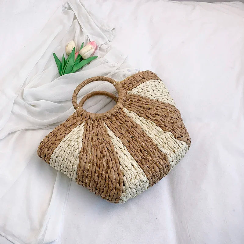 Large Beach Straw Bag 2025 Summer Rattan Woven Handbags Half Moon Design Top-Handle Tote Ladies Travel Shopping Bag Purse Sac