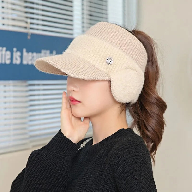 Autumn Winter Hollow Top Knitted Woolen Bomber Hat Ear Protection Thickened Warm Women's Fashion Baseball Hat Knitted Woolen Cap