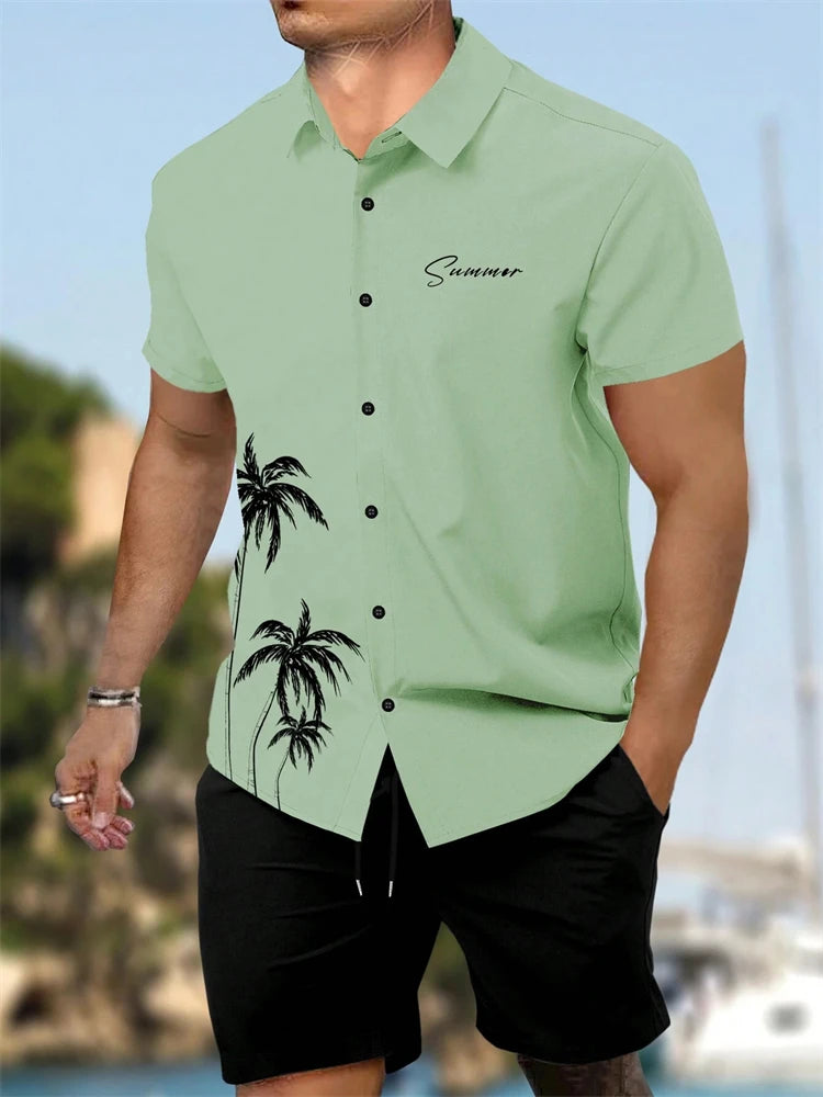 Summer New Men's Short Sleeve Shirt and Shorts 2 Piece Set Fashion Coconut Tree Print Lapel Shirt Beach Drawstring Shorts Set mon