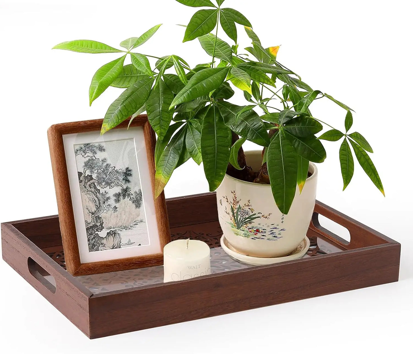 Brown Wooden Rectangle Tray with Handles Boho Decorative Serving Tray for Coffee Table Bedroom Kicthen Home Decor Otttoman Tray