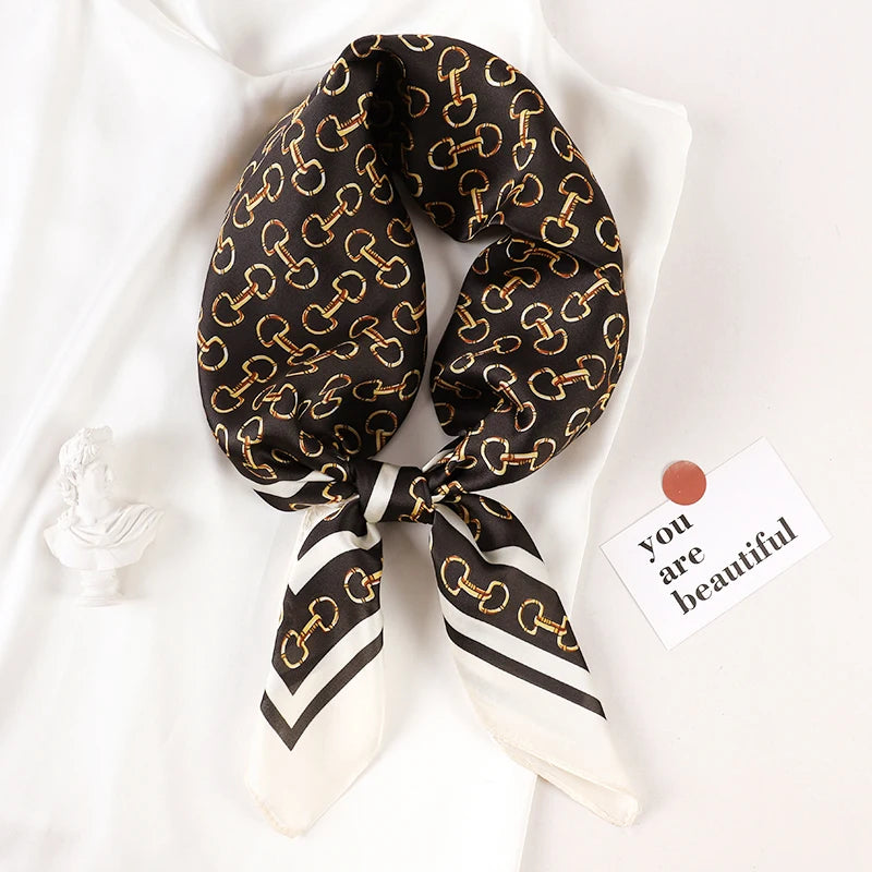 Luxury Brand 2023 Silk Square Scarf Women Cat Neck Hair Tie Band Beach Hijab Kerchief Head Headbands Bandana Female Foulard 70cm
