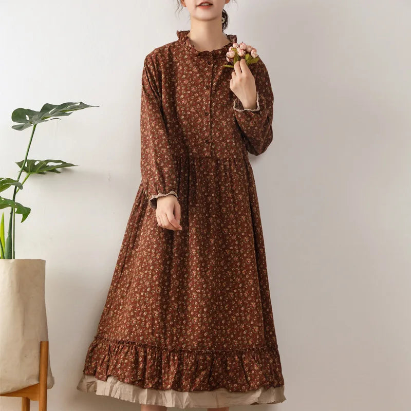Japanese Fashion Print Dress Pretty Cotton Linen Spring Women New Floral Loose Long-sleeved Dress Midi Vestido de Mujer Clothes clothes