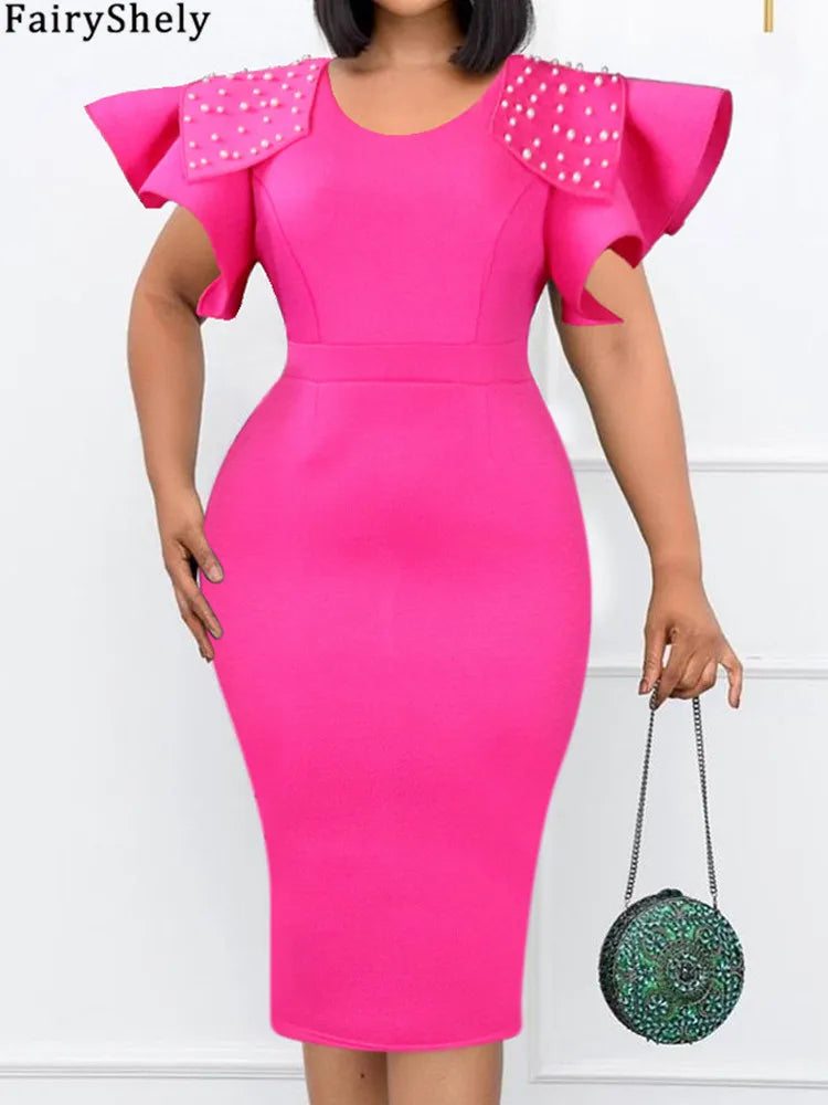 FairyShely 2025 Verge Short Sleeve Plus Size Dress Women Solid Large Bodycon Big Dresses Lady Summer Party Tight Curvy Dress