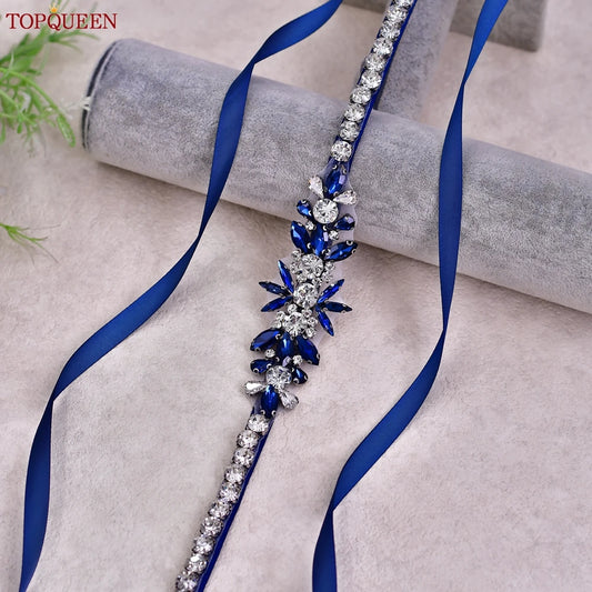 TOPQUEEN Blue Diamond Bridal Ribbon Belt Banquet Evening Dress Jewelry Sash Wedding Accessories Women Waist Decoration S166-ML