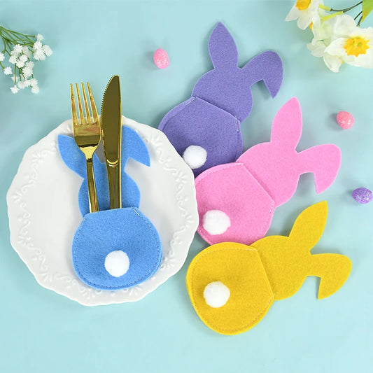 4pcs Easter Cutlery Bag Felt Bunny Rabbit Knife Fork Holder Bags Tableware Spring Easter Festival Party Home Table Decorations