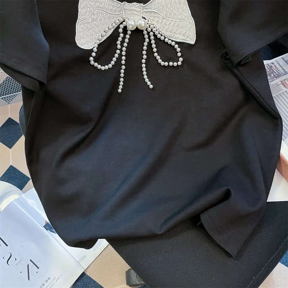 Beads Bow Ropa Mujer Round Neck Short Sleve Clothes Contrast Women Clothing Sweet Embroidery Tops Summer 2025 New Camisetas