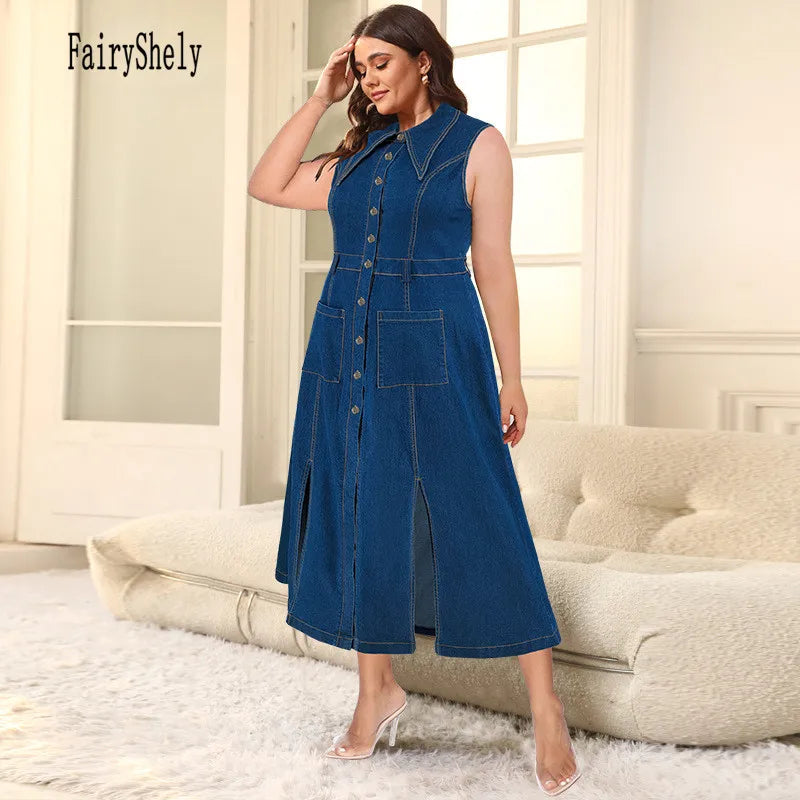 2025 Summer Button Plus Size Denim Dress Women Sleeveless Large Jean Dresses Ladies Big Turn-down Collar Split Curvy Long Dress