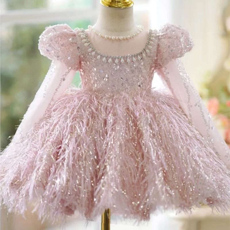 Fashion kids Girl Sequins Feather Dress Puffy Sleeve Pearl Vestido 2-14Y