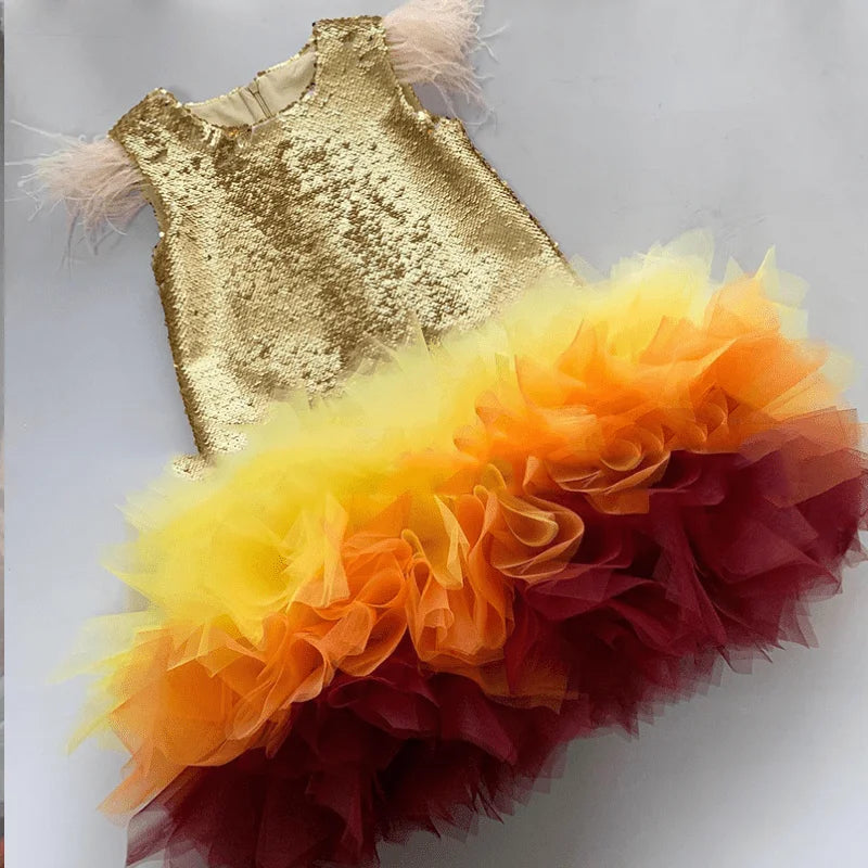 Baby Mädchen Prinzessin Feder Pailletten Kleid Säugling Kleinkind Kind Teenager Regenbogen Vestido Party Pageant Geburtstag Baby Kleidung 1-14Y
