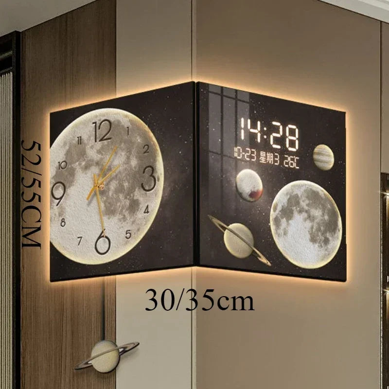 Corner Wall Clock with Light Living Room Digital Watch Mural Wall Clocks Luxury Design Large Pendulum Double-sided Room Decor