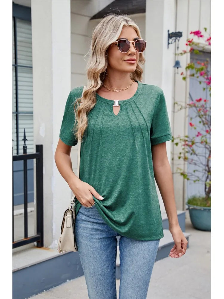 Women's Elegant Hollow Out O-Neck Tops Solid Casual Work Shirt Short Sleeve T Shirt Fashion Women Clothes 2025 Summer New