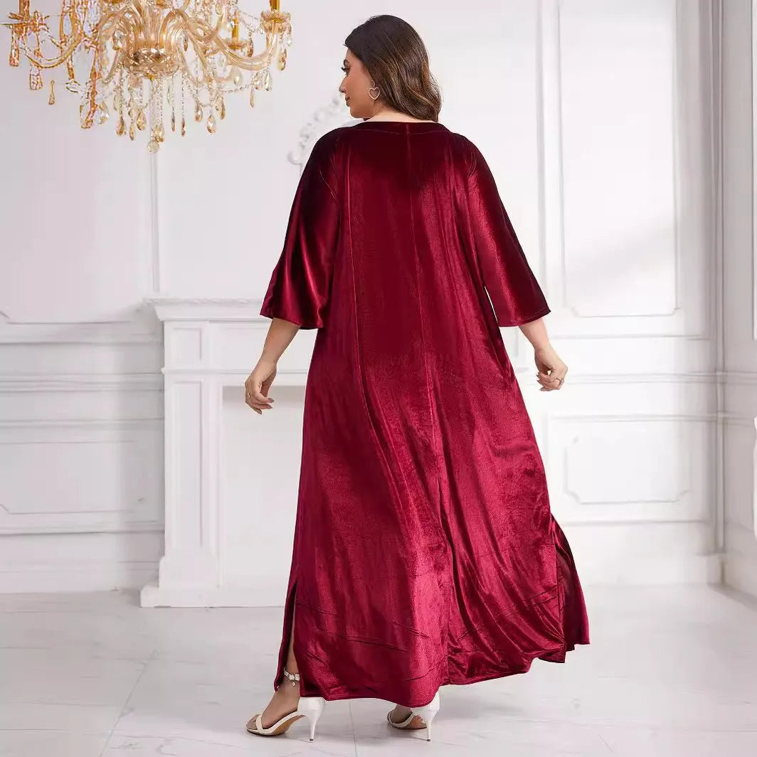 Vintage Loose Muslim Robe Fashion Casual Solid Velvet Red Long Dresses African Women Party Club Maxi Dress Islamic Clothing