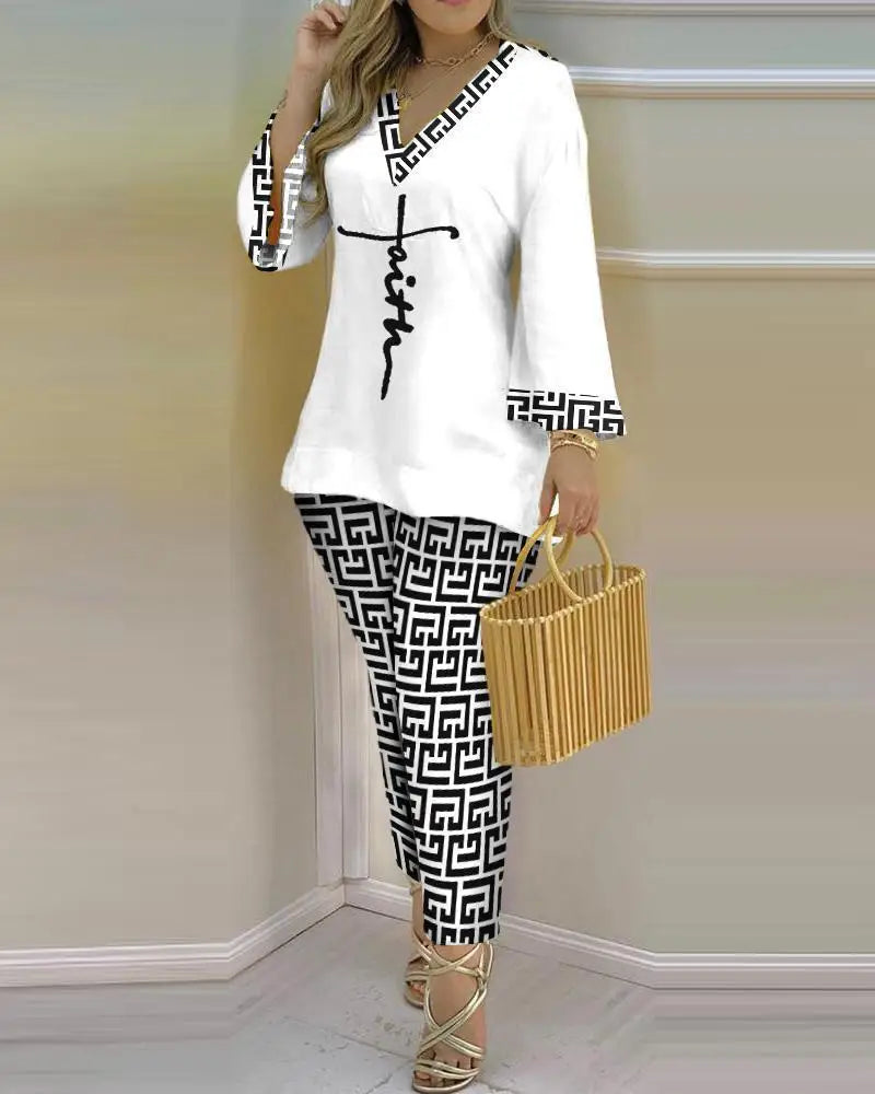 2025 Ladies' Checkered Print Suit Summer Long Sleeve V-neck Polyester Printing Two Pieces Sets Top And Long Pant Clothes Women