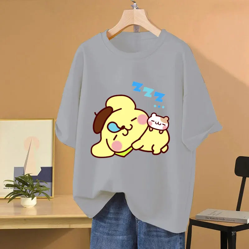 Clothes Pompom Purin Yellow Cartoon Anime Women T-shirt Summer Short Sleeve 100% Cotton Men Tee Shirts Tops 2025 Fashion Couple Clothes
