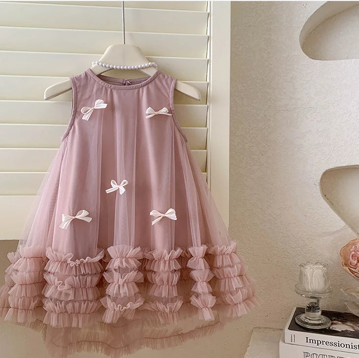 New Baby Summer Girls Pink Bow Mesh Vest Dress, Princess Kids Sweet Fashion Dresses 2-8T