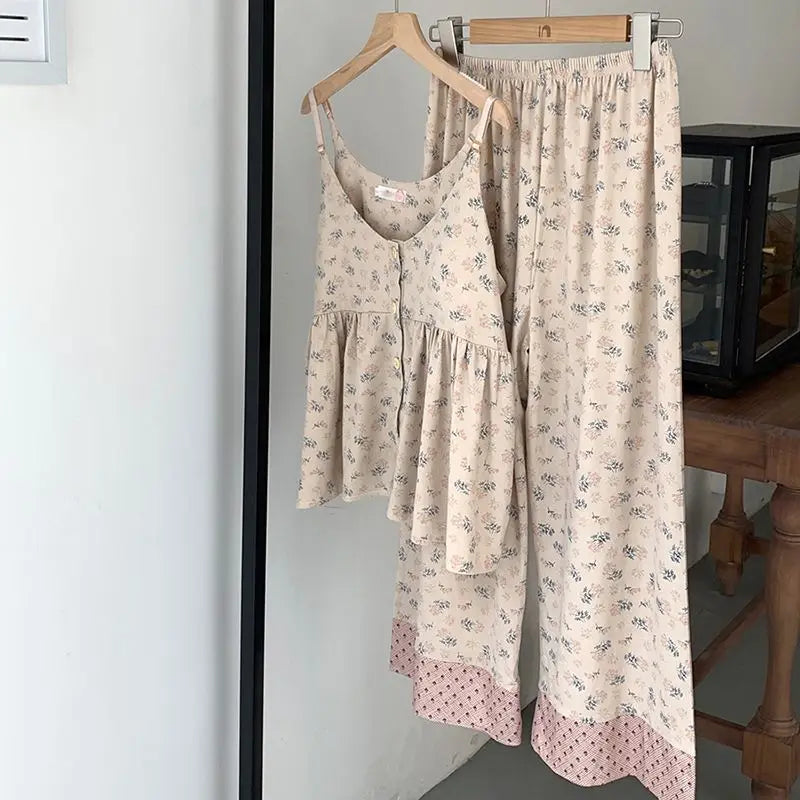 Summer Floral Pajama Sets Women Home Prairie Chic Sleeveless Girlish Sleepwear Thin Casual Students Dormitory Lounge Clothing