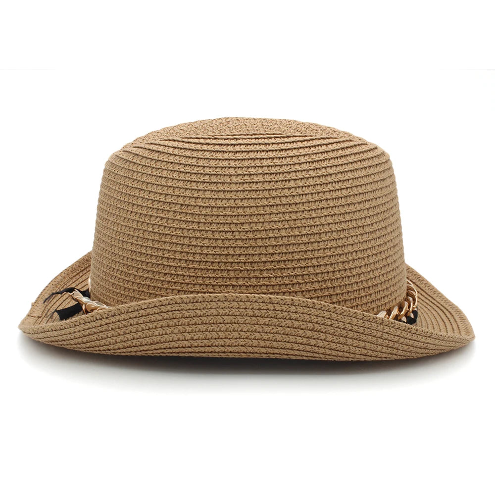 Men Women Summer Solid Straw Homburg Hats Classical Retro Fedora Caps Trilby Sunhat Party Beach Travel Outdoor Adjustable Size