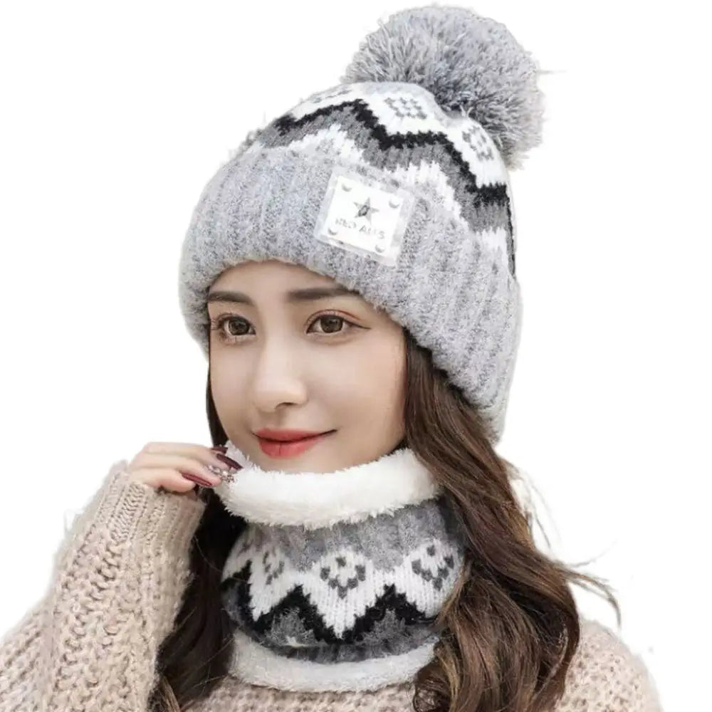 Cycling Plus Velvet Beanies Hat Ear Protection Windproof Hat Scarf Set Thick Warm Knit Skull Cap Women