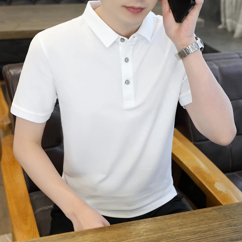 Summer Short Sleeve Men's Solid Button Pullover Turn-down Collar Vacation T-shirt Casual Formal Undershirt Preppy Style Tops