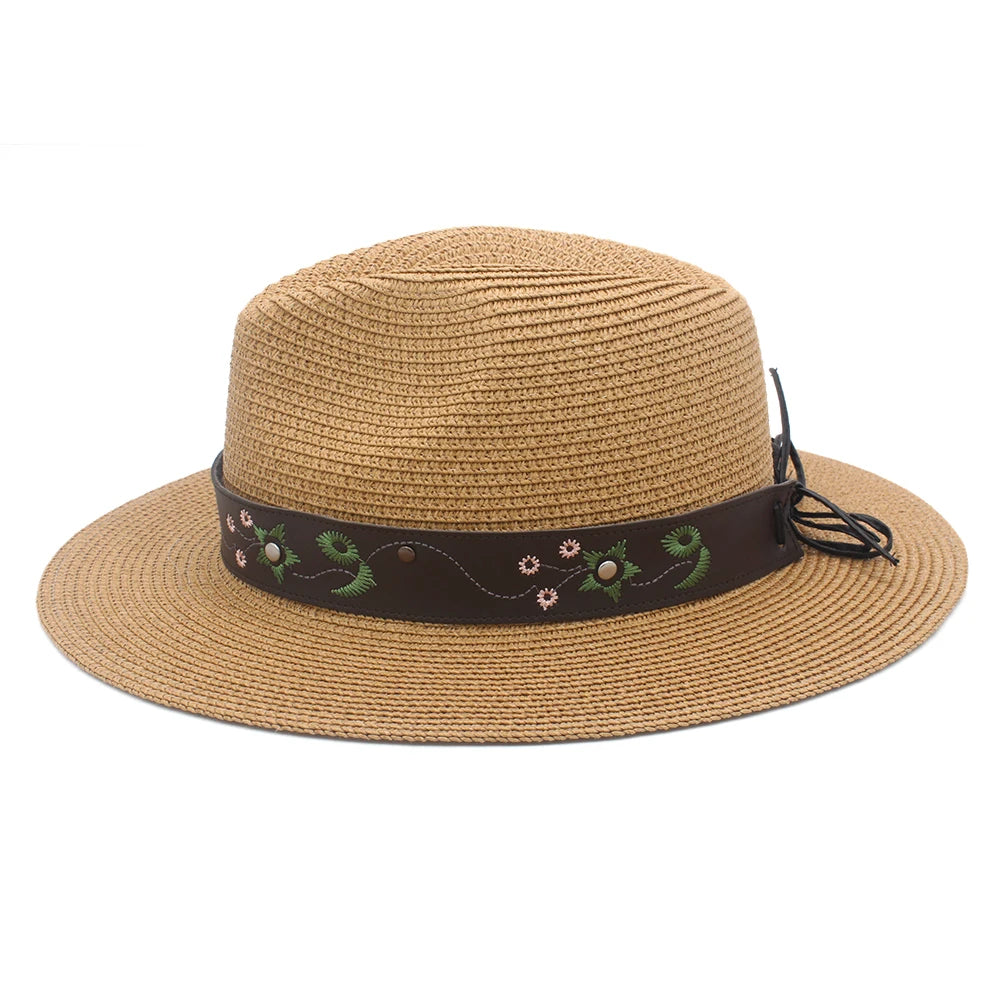 2 Sizes Unisex Men Women Soft Straw Panama Hats Summer Fedora Wide Brim Sunhats Trilby Caps Outdoor Beach Travel Sombrero UK M-L