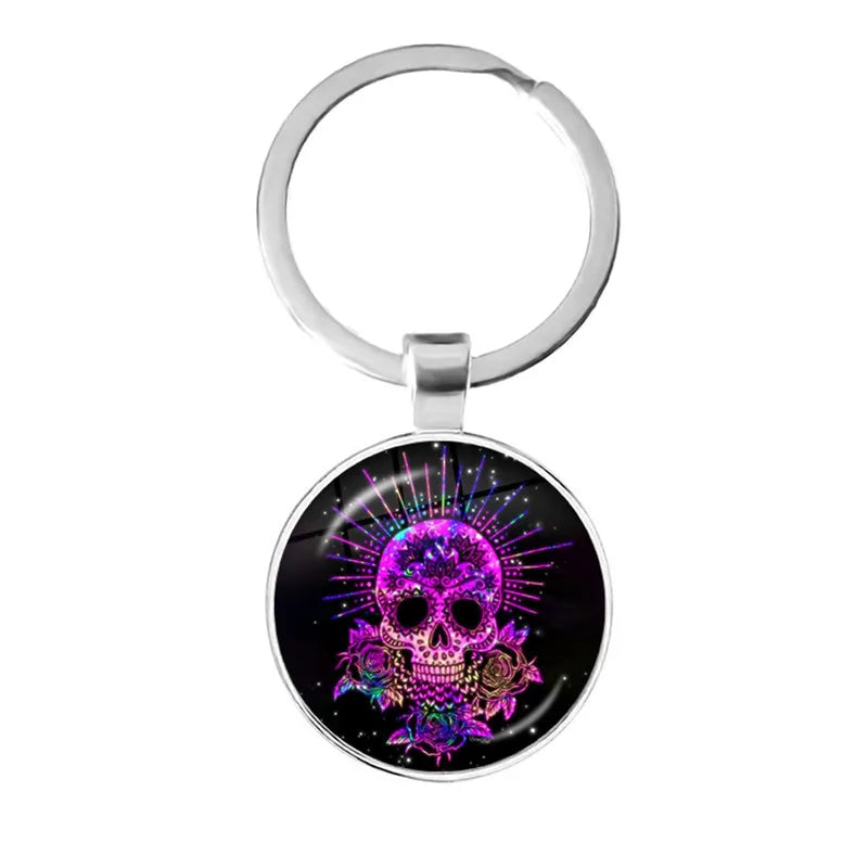 Fashion Colorful Sugar Skull Keychain Mexico Folk Art Patterns Glass Pendant Key Chain Jewelry Holiday Gift