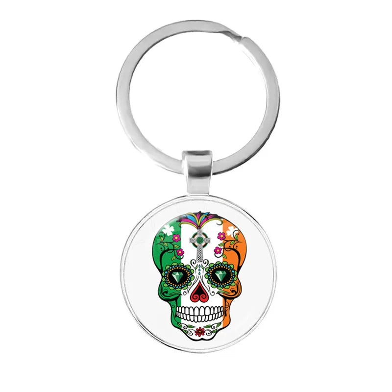 Fashion Colorful Sugar Skull Keychain Mexico Folk Art Patterns Glass Pendant Key Chain Jewelry Holiday Gift