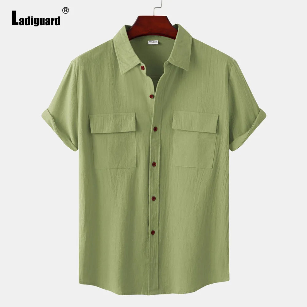 Men Short Sleeve Linen Shirts ,Black Soft Blouse Vintage Casual Stand Pocket Tops mon