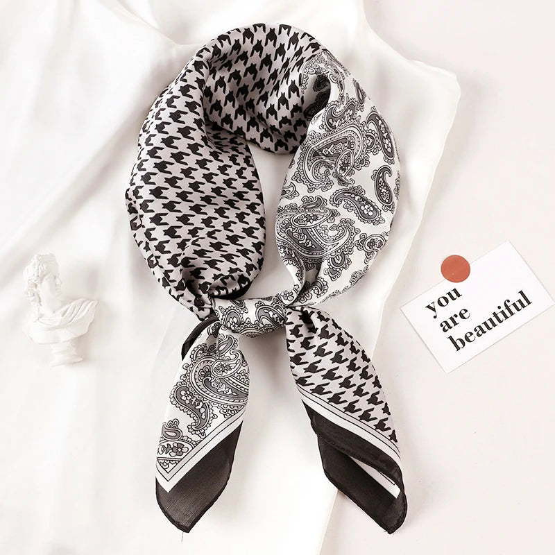 Luxury Brand 2023 Silk Square Scarf Women Cat Neck Hair Tie Band Beach Hijab Kerchief Head Headbands Bandana Female Foulard 70cm