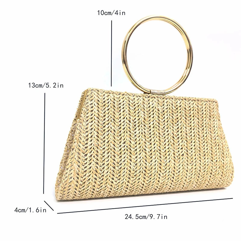 Straw Tote Handbags for Women Trend Summer Beach Woven Purses with Metal Circle Top Handle Ladies Shoulder Messenger Bags
