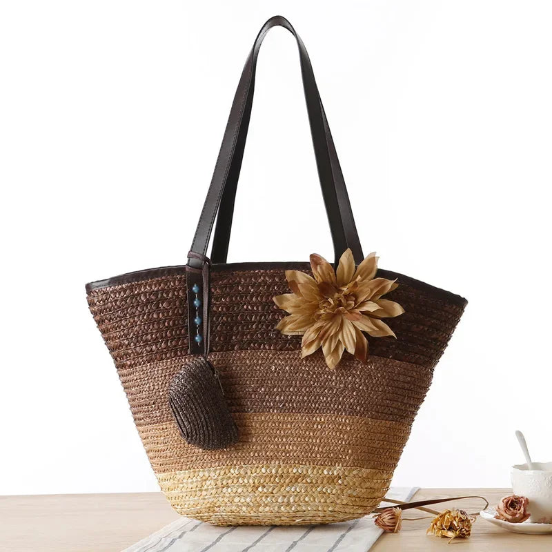 Fashion Rattan Women Handbags Wicker Woven Lady Shoulder Bags Summer Beach Straw Bag Large Capacity Tote Dot Big Baskets Purses