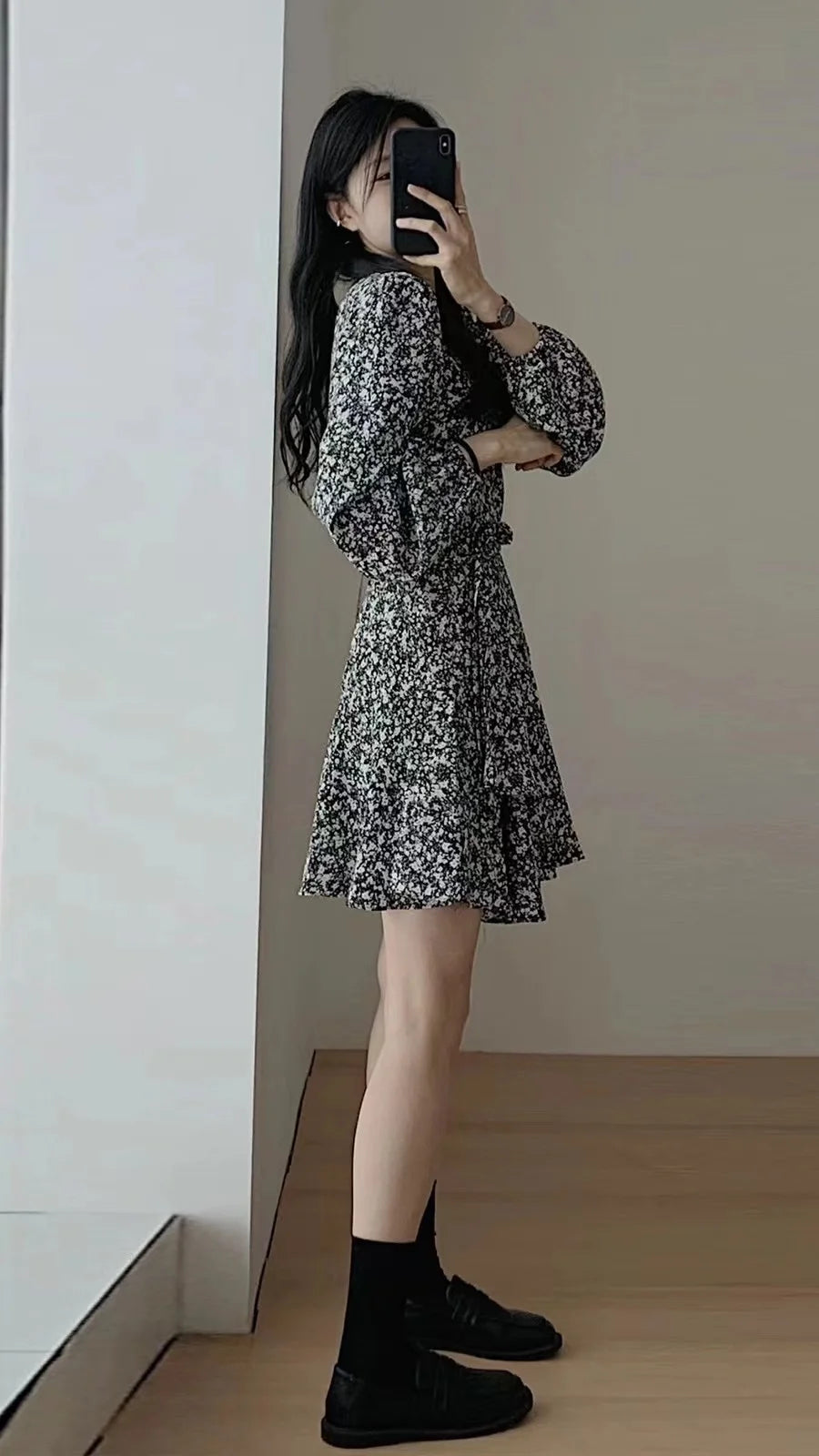 2024 Summer Autumn Clothes Large Size Women's Clothing Fashion Short Dresses Petite V-neck Floral Long Sleeve Black Dresses Traf