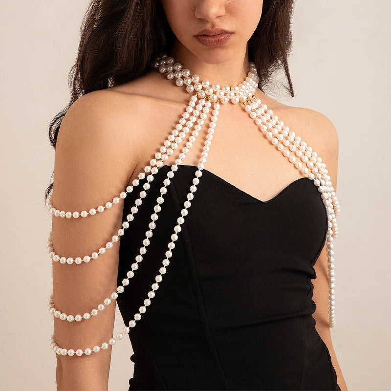 Boho Tassel Imitation Pearl Bridal Shoulder Chain Necklace for Women Elegant Shawl Jewelry Accessories Bridal Tassel Body Chain