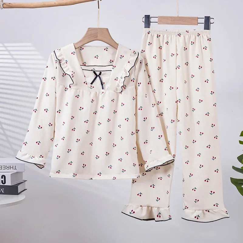 New Girls Cute Bowknot Heart Cartoon Rabbit Pajamas Long Sleeve V-neck Sleepwear Kids Spring Summer Casual Clothing Sets Pyjamas