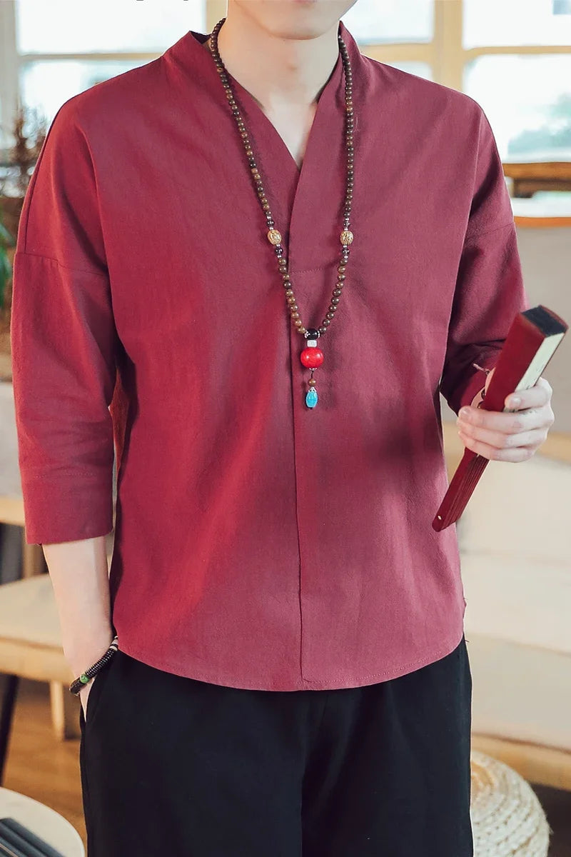 Summer Short Sleeve Men New Half-sleeved Cotton Linen Breathable Men Clothing T-shirt Tops - mon