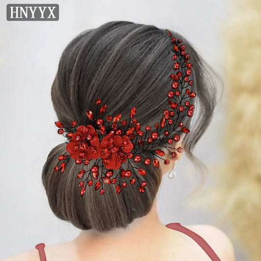 HNYYX Pearl Crystal Flower Headband Women's Red Hair Accessories Bridal Party Queen Wedding Headpieces Jewelry Hair Tiara A265