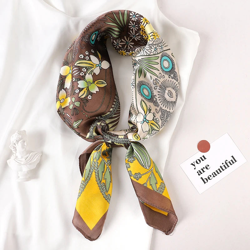 Luxury Brand 2023 Silk Square Scarf Women Cat Neck Hair Tie Band Beach Hijab Kerchief Head Headbands Bandana Female Foulard 70cm