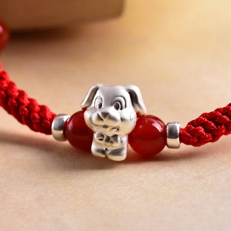 Sterling Silver Red Rope accessories for Women and Men Korean Version of Simple Transfer Bead the Year to the Dog Student Lovers Bracelet