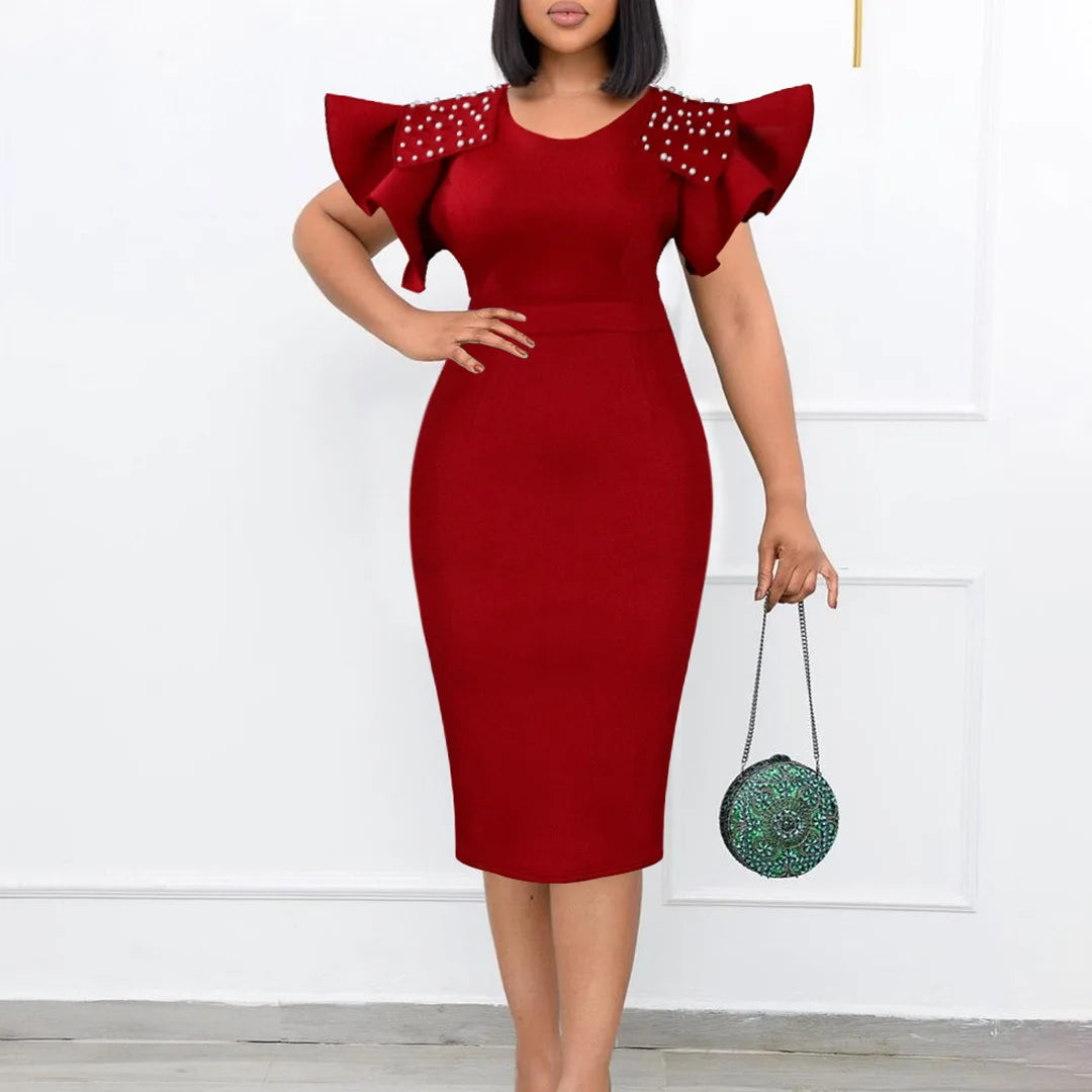 FairyShely 2025 Verge Short Sleeve Plus Size Dress Women Solid Large Bodycon Big Dresses Lady Summer Party Tight Curvy Dress