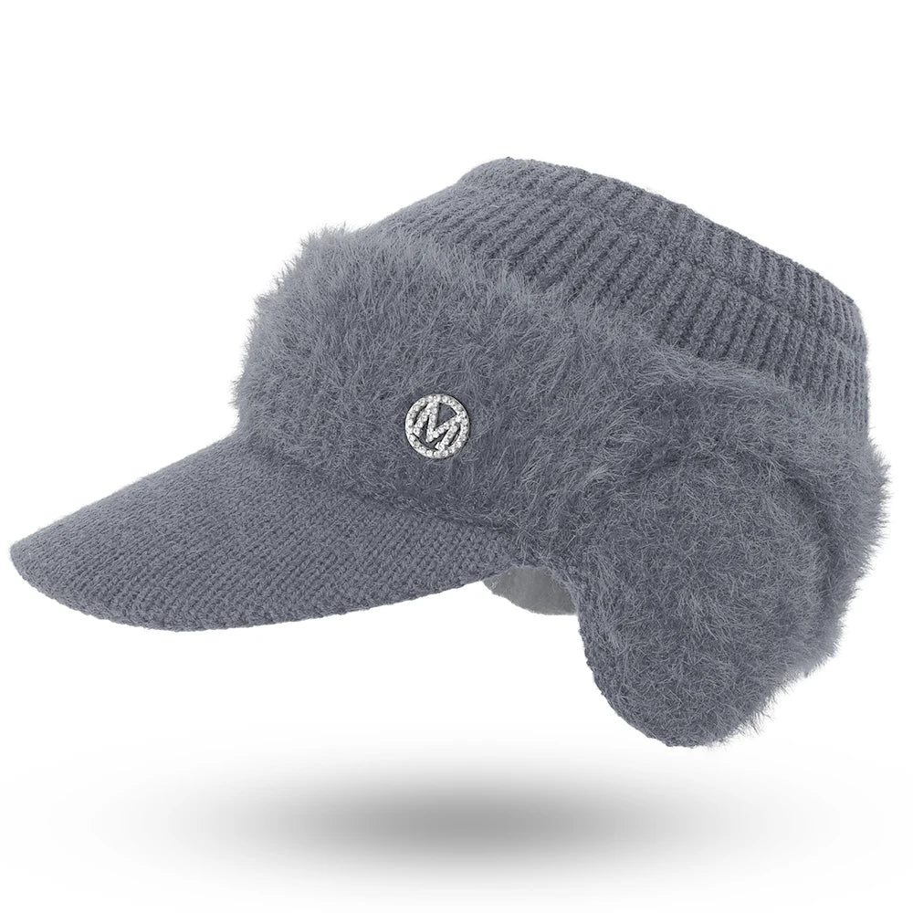 Autumn Winter Hollow Top Knitted Woolen Bomber Hat Ear Protection Thickened Warm Women's Fashion Baseball Hat Knitted Woolen Cap