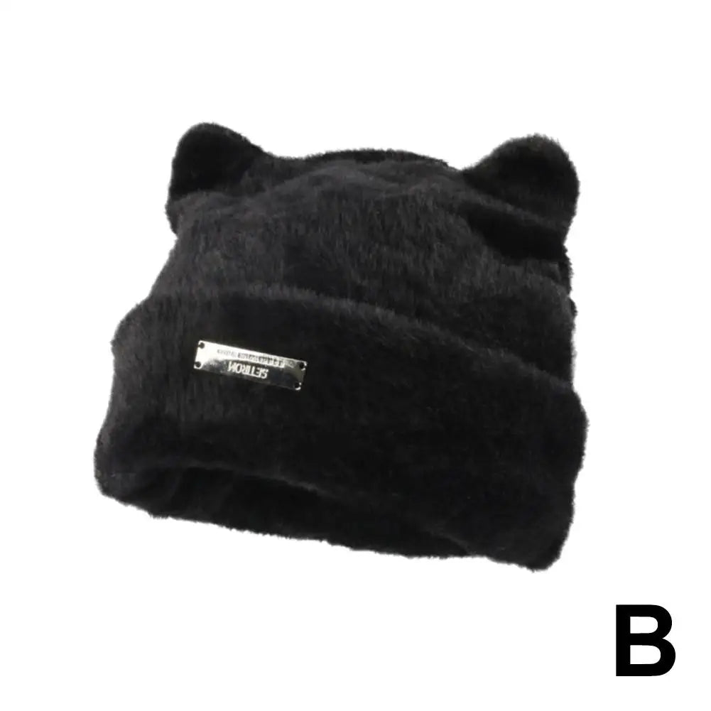 Iron Label Decorative Beanie Hat With Ears Cute Warm Faux Beanie Hat Plush Women Winter Fur Beanie Elastic Knitted Outdoor Z4k0